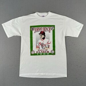 Vtg 80s‎ Johnny Bench T-Shirt Men's Large White 1989 Hall Of Famer Single Stitch